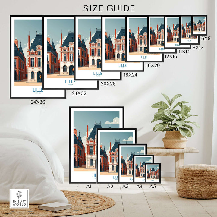 Size guide for Lille France poster showcasing various frame sizes and elegant European city scene.