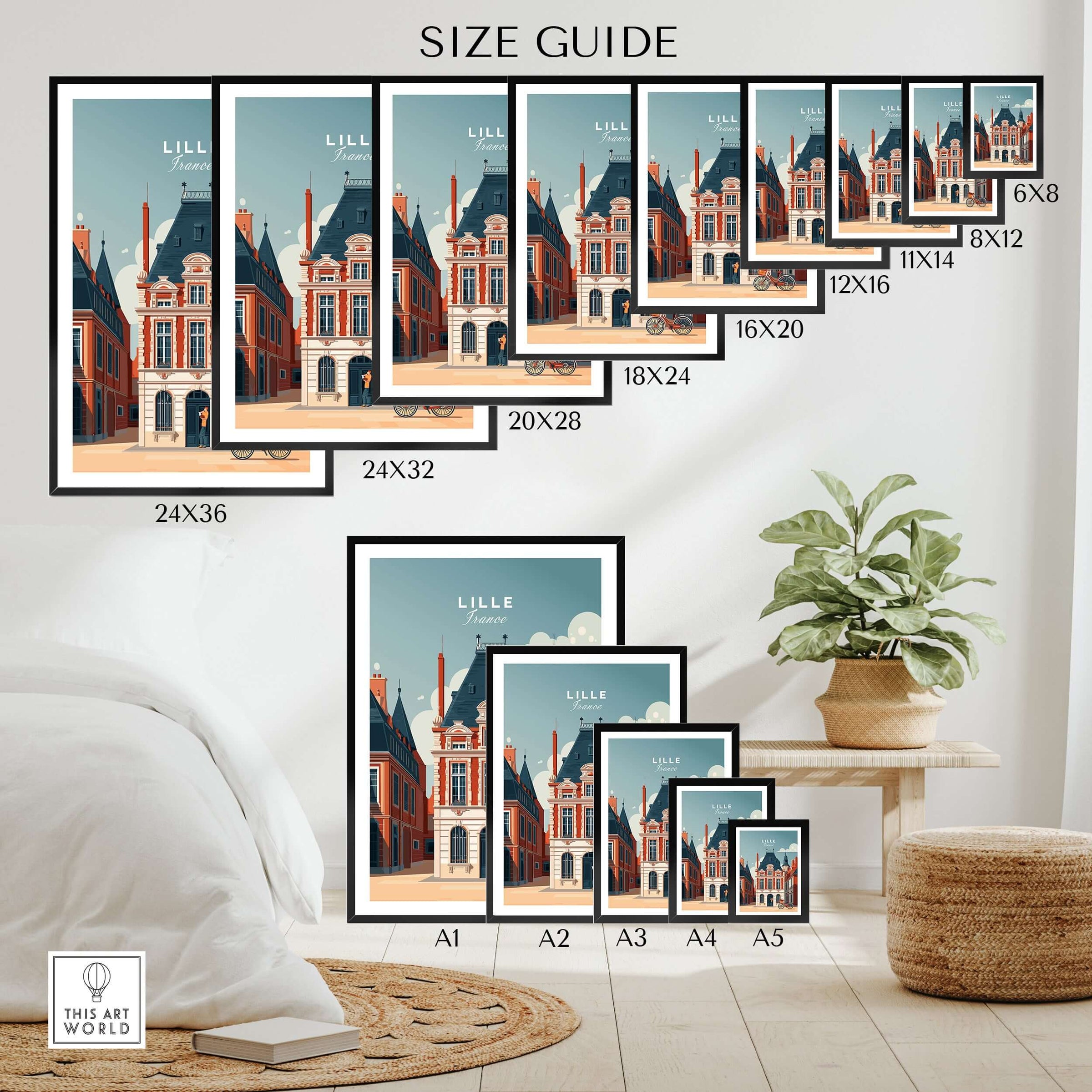 Lille France Print - Historic City Architecture Wall Art size guide showcasing various frame sizes on a stylish home display.