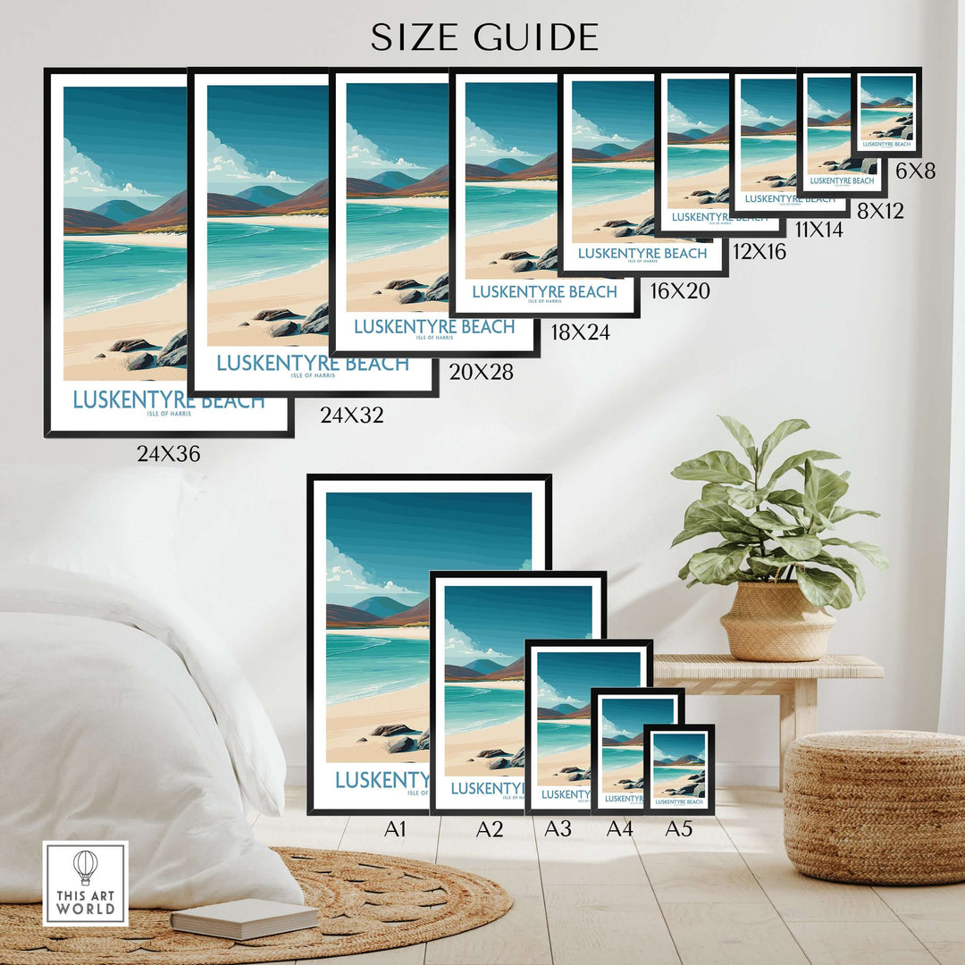 Size guide for Luskentyre Beach seascape wall art prints showcasing various dimensions for coastal decor.