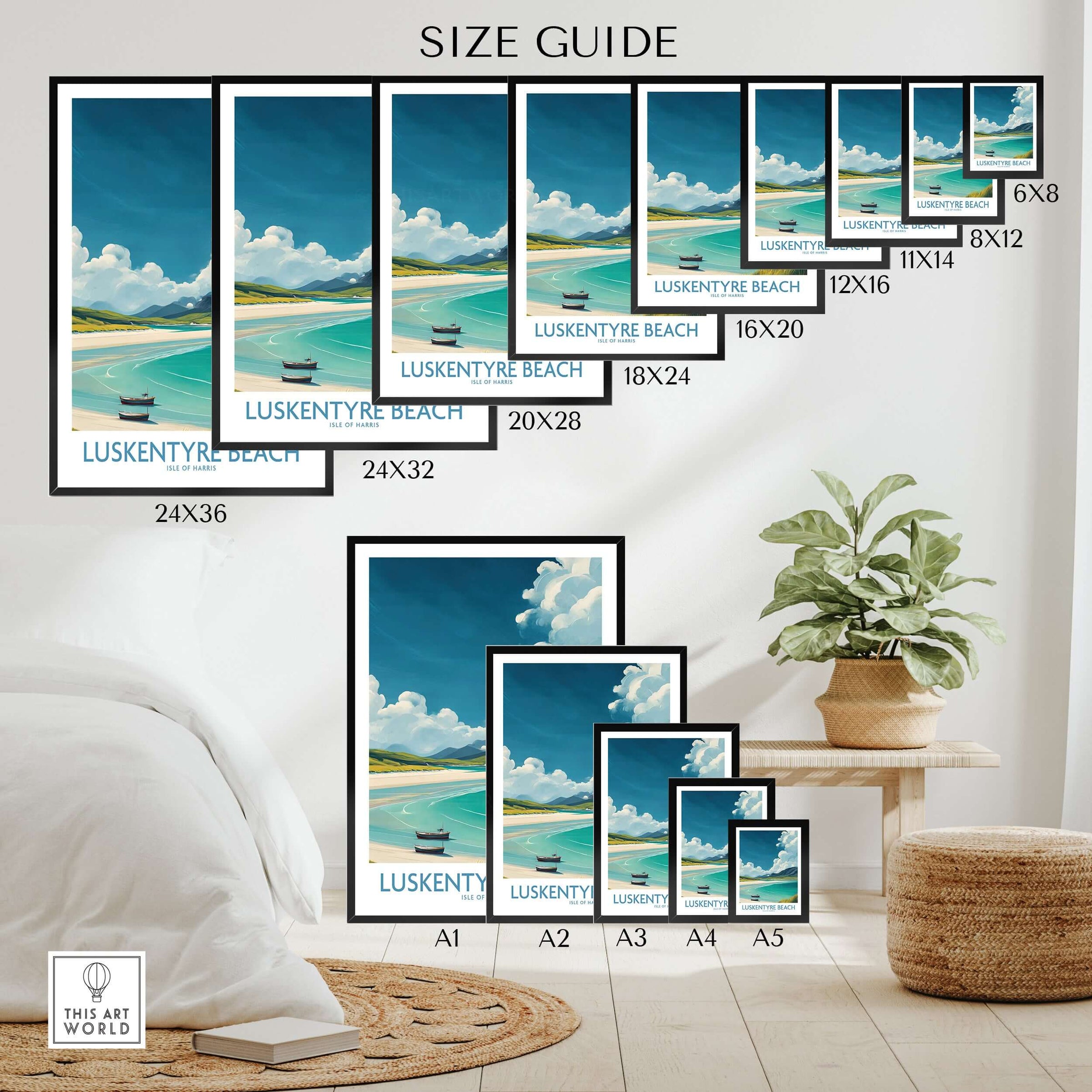 Luskentyre Beach Isle of Harris Wall Art - Remote Island Travel Print size guide showcasing various print sizes.