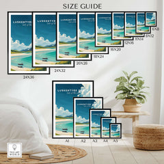 Luskentyre Beach Print Isle of Harris Print - Scottish Coastal Landscape Poster size guide with framed options on display.