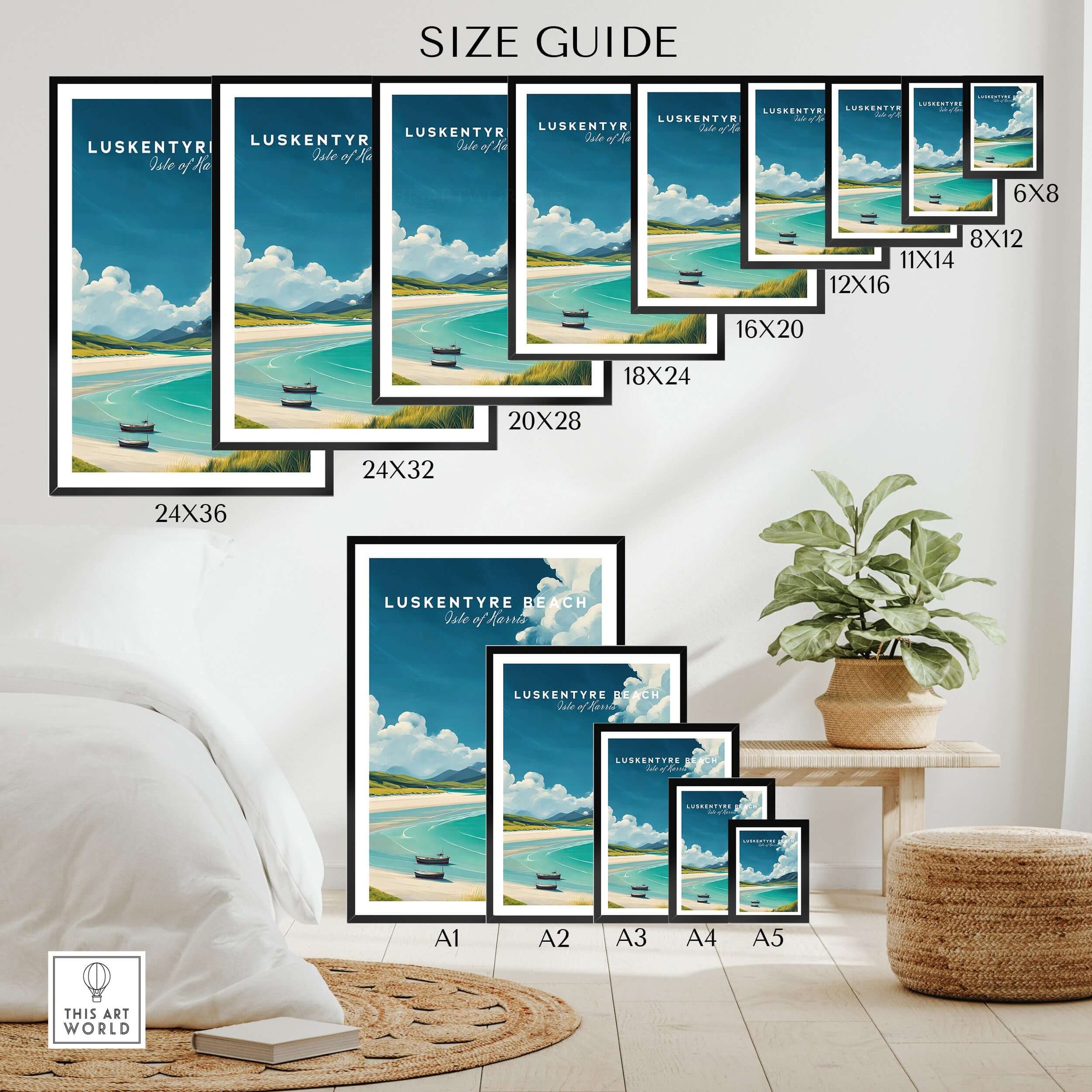 Luskentyre Beach Print Isle of Harris Print - Scottish Coastal Landscape Poster size guide with framed options on display.