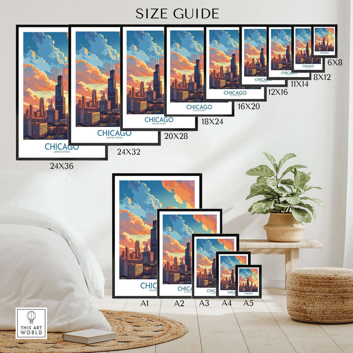 Chicago travel poster size guide displaying various dimensions on a stylish gallery wall with vibrant sunset design.