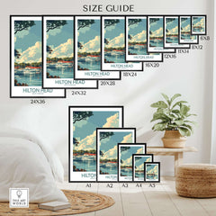 Hilton Head Travel Print size guide showcasing various print dimensions and coastal artwork styles.