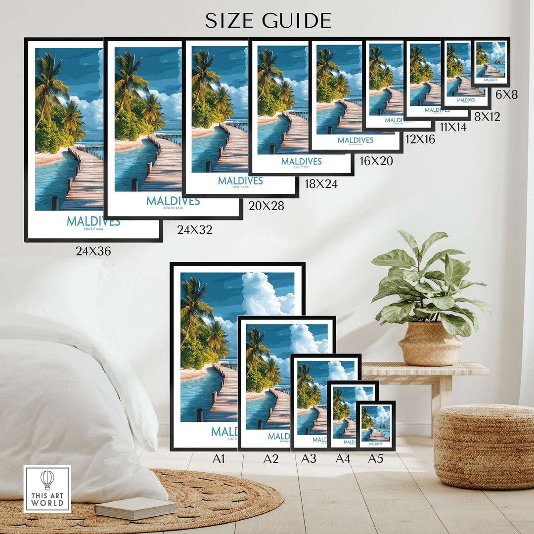 Maldives Wall Art Print - Beach size guide with multiple print dimensions and tropical beach scene.