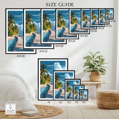 Maldives Travel Print - Beach Scene size guide showcasing various frame sizes on a stylish wall.