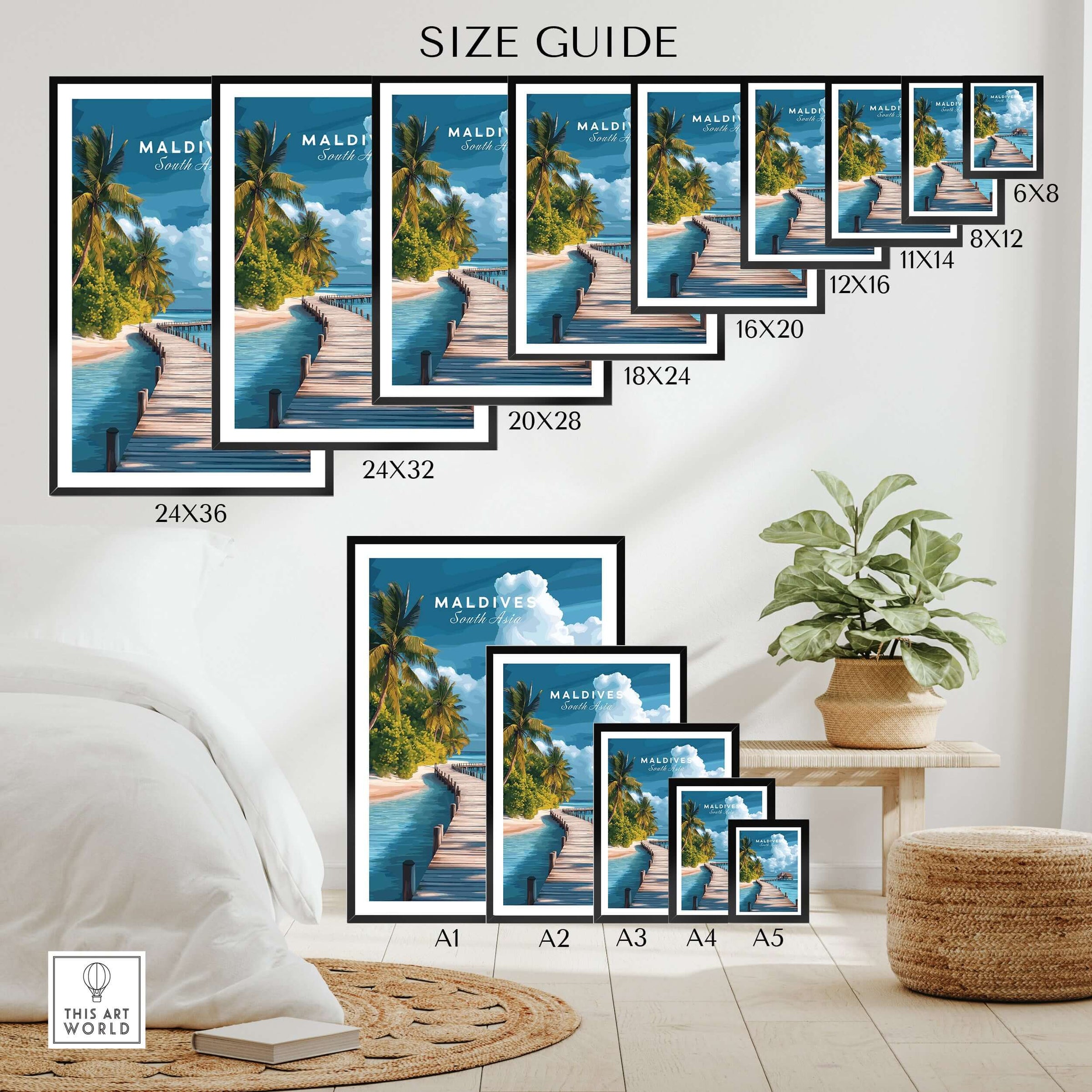 Maldives Travel Print - Beach Scene size guide showcasing various frame sizes on a stylish wall.