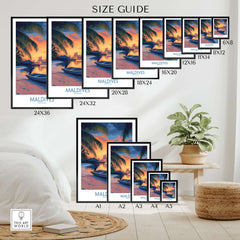 Maldives Wall Art Print - Sunset size guide showcasing various print sizes and a tropical aesthetic.