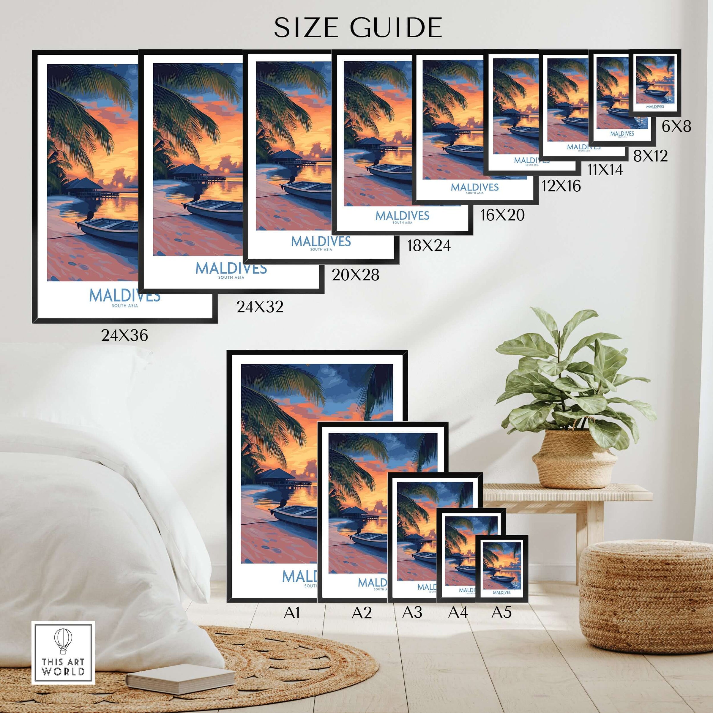 Maldives Wall Art Print - Sunset size guide showcasing various print sizes and a tropical aesthetic.