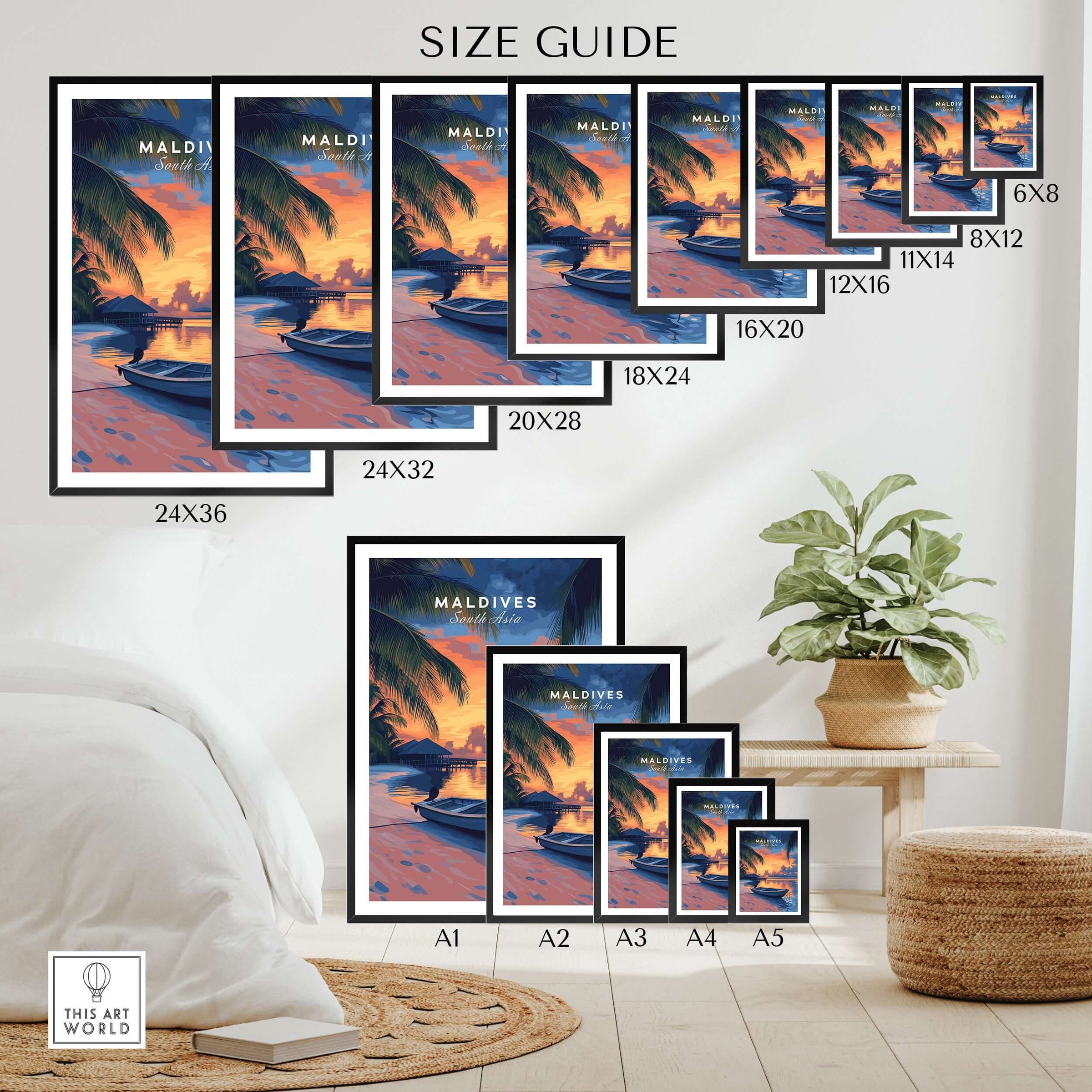 Maldives Travel Print - Sunset size guide showcasing various print sizes with vibrant tropical sunset design.