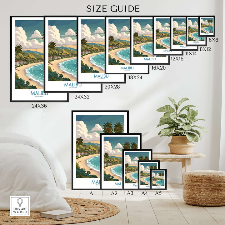 Malibu California beach poster size guide with various frame sizes and coastal landscape design.