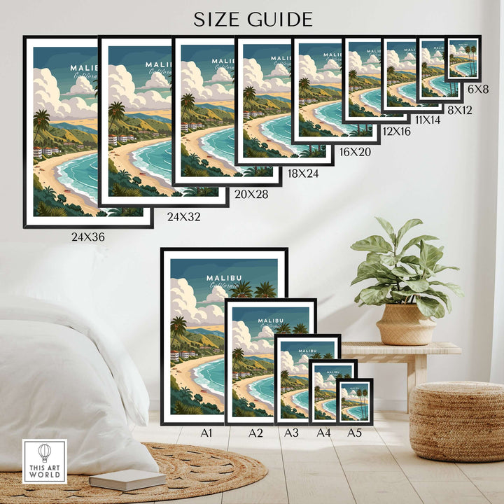 Size guide for Malibu California beach print, showcasing various frame sizes and coastal artwork options.