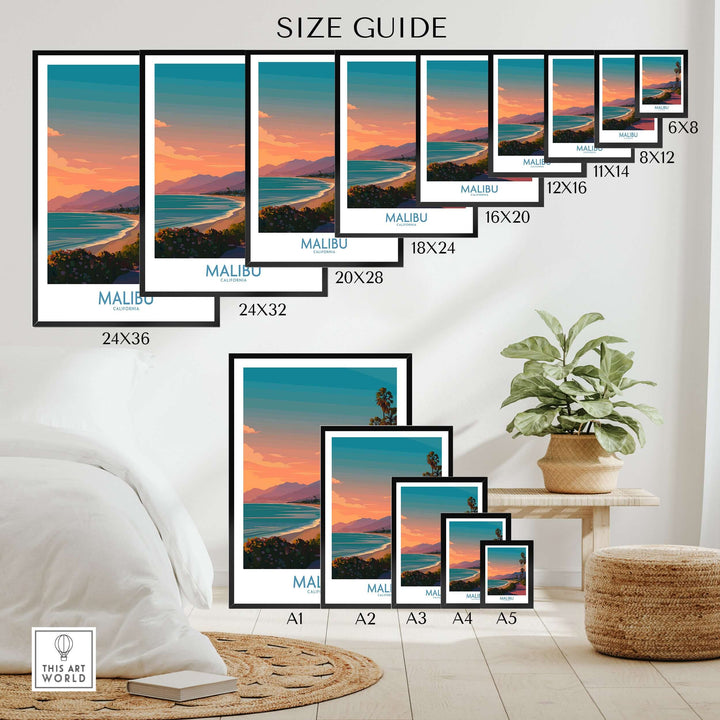 Size guide showcasing Malibu California beach sunset print in various frame sizes, highlighting vibrant coastal views.