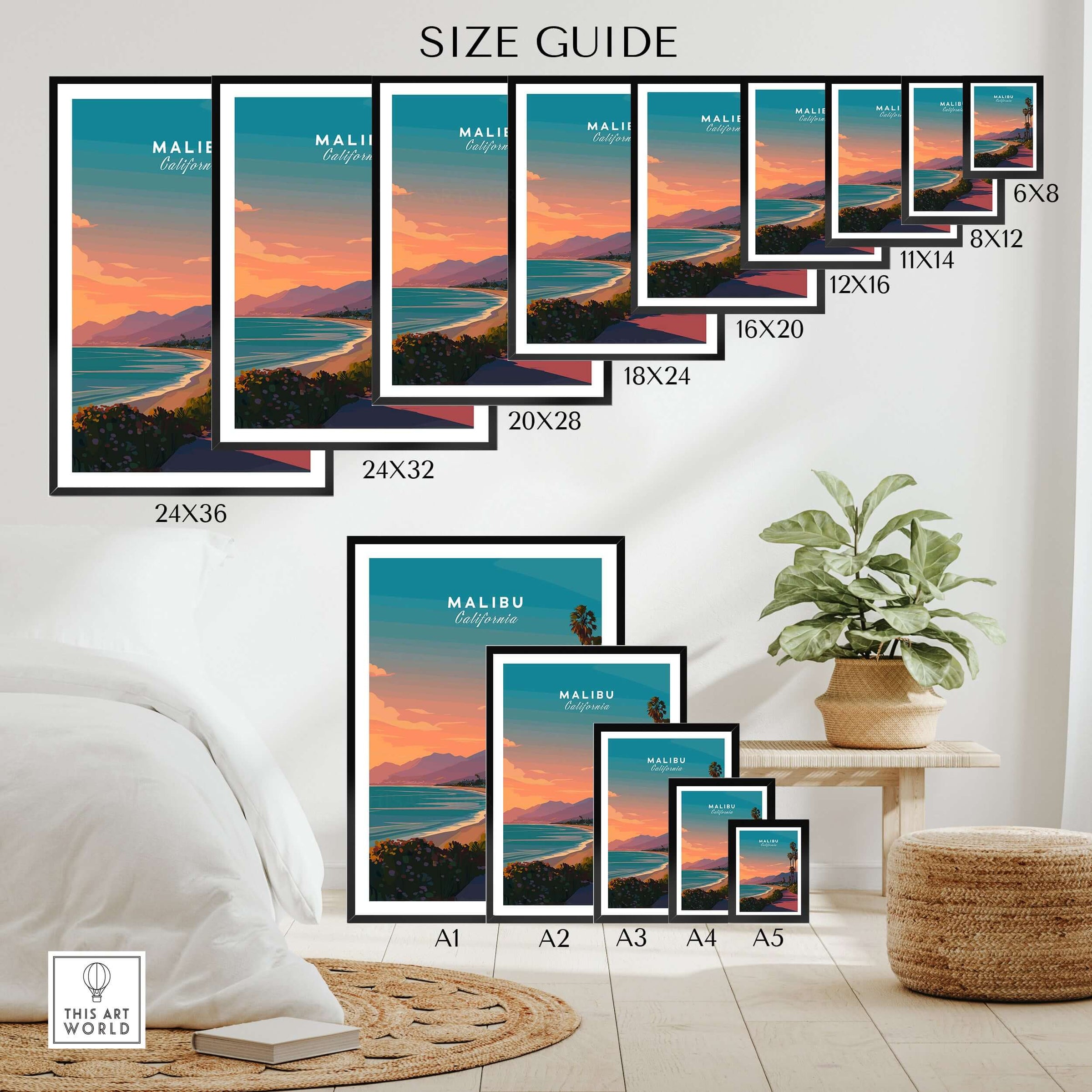Malibu California Beach Sunset Print - Pacific Coast Highway Wall Art size guide showing various frame sizes in a modern living space.