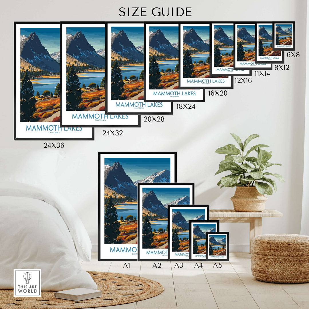 Size guide for Mammoth Lakes wall art prints, showcasing various frame sizes and mountain landscape designs.
