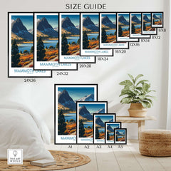 Mammoth Lakes California Wall Art - Eastern Sierra Travel Print size guide featuring various framed options.