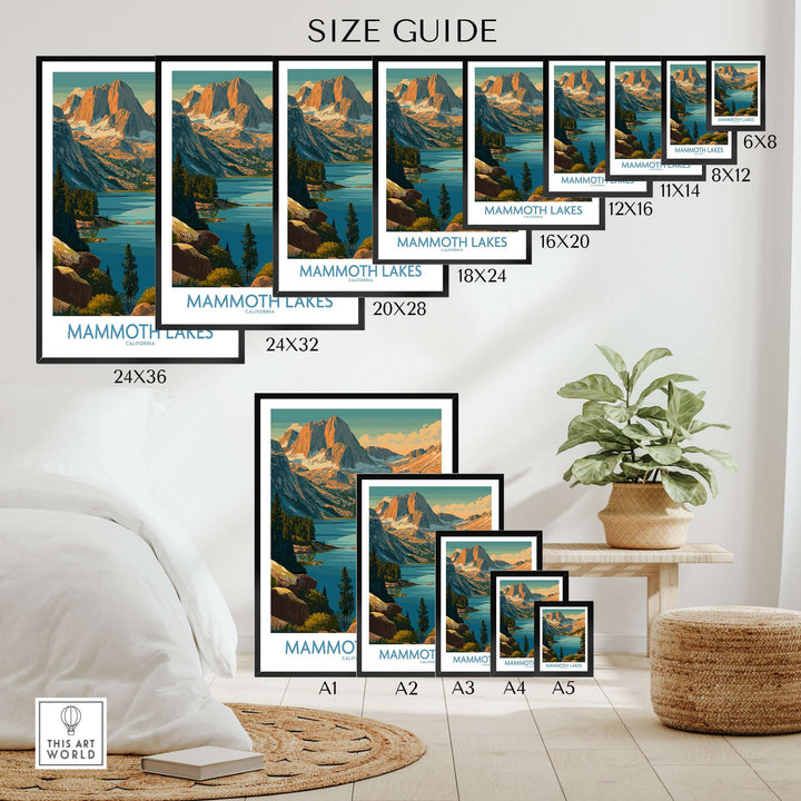 Mammoth Lakes print size guide showcasing various frame sizes for California wilderness poster.