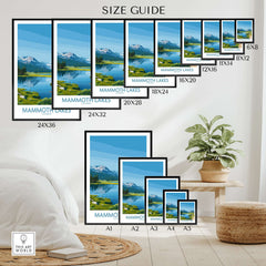 Mammoth Lakes Wall Art California Travel Print size guide showcasing various frame sizes.