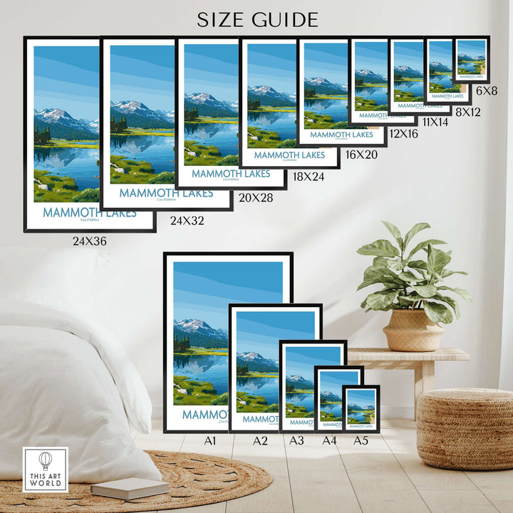 Size guide for Mammoth Lakes wall art, showcasing various print sizes and beautiful mountain landscape artwork.