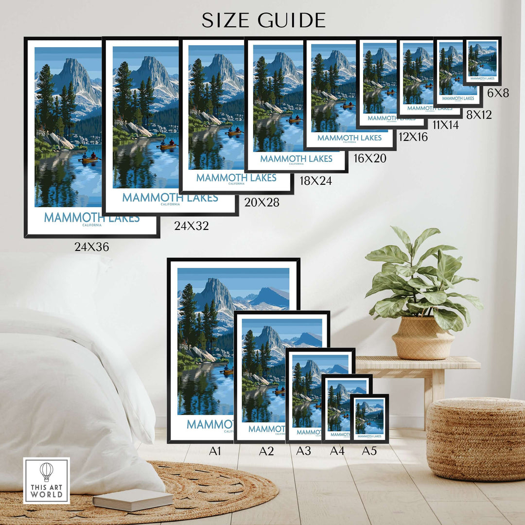 Size guide for Mammoth Lakes wall art prints showcasing dimensions and design options in a stylish room setting.