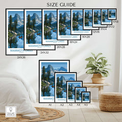 Mammoth Lakes Wal Art - California Travel Print size guide with various frame sizes and mountain scenery.
