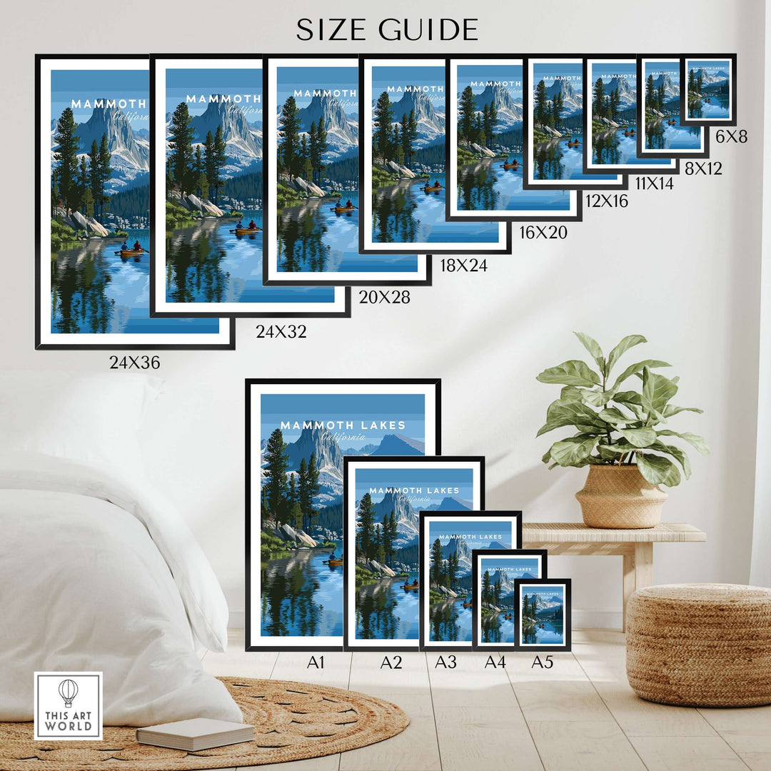 Mammoth Lakes wall art size guide showcasing various frame dimensions for mountain adventure decor.
