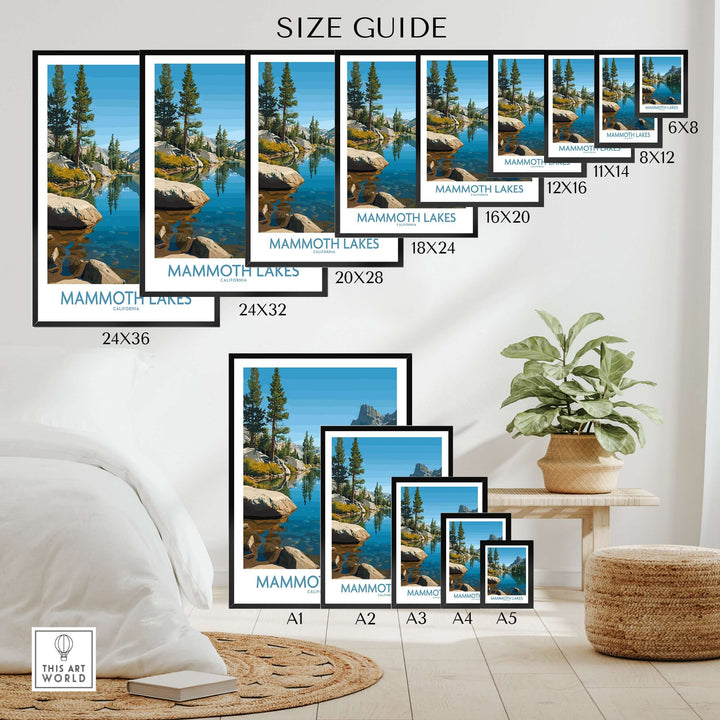 Size guide for Mammoth Lakes California wall art prints showcasing various dimensions and scenic landscape design.