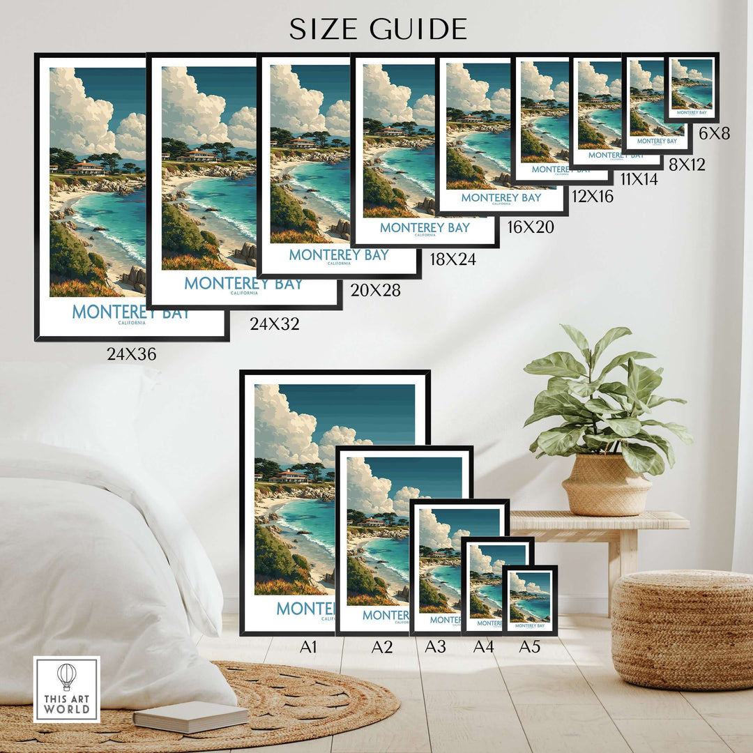Mont Monterey Bay California poster size guide showcasing various print dimensions in a stylish home setting.