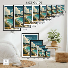 Monterey Bay California Coastal Beach Print - Pacific Ocean Wall Art size guide with dimensions on display.