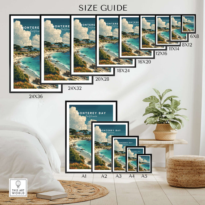 Size guide for Monterey Bay California coastal beach print with various frame sizes displayed.