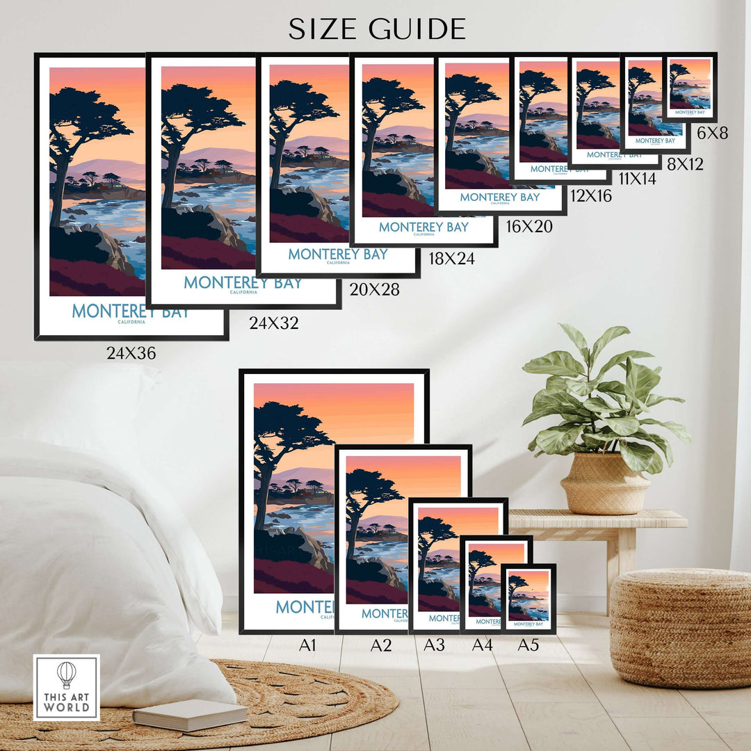 Size guide for Monterey Bay California sunset coastline poster with cypress tree wall art in various frame sizes.