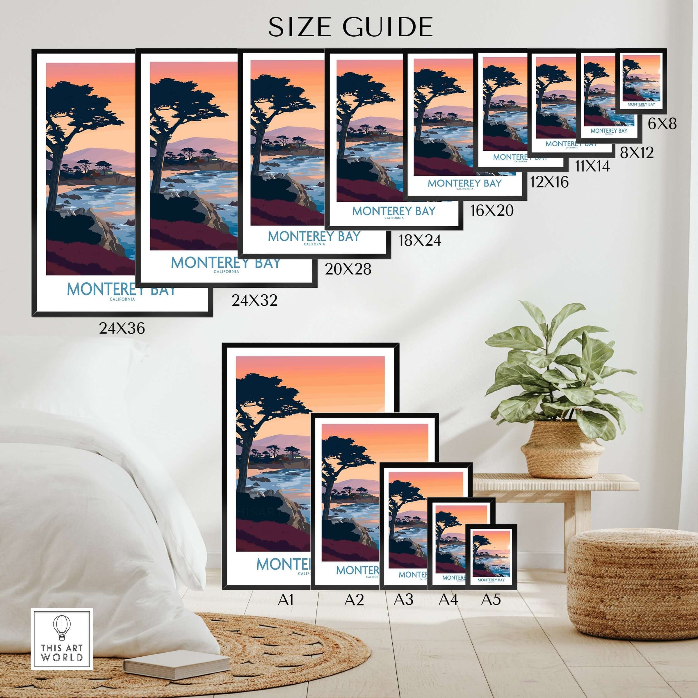 Monterey Bay California Sunset Coastline Poster - Cypress Tree Wall Art size guide with various frame sizes displayed.
