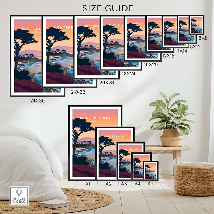 Monterey Bay California sunset coastline poster size guide with dimensions and cypress tree art displayed.