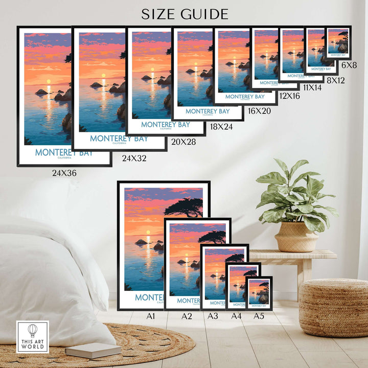 Monterey Bay poster size guide showcasing various dimensions and California coastal decor in a modern living room setting.