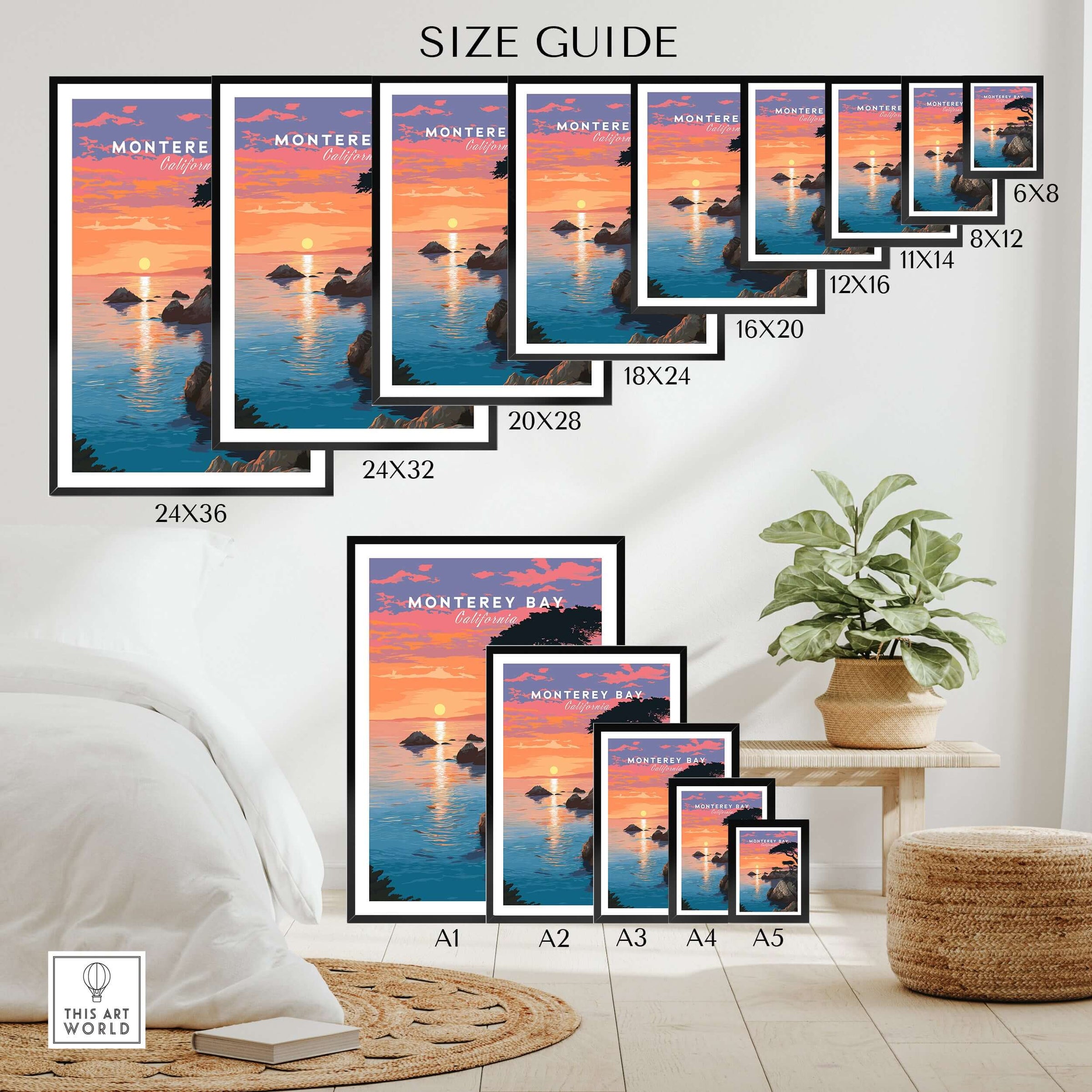 Monterey Bay Print California - Pacific Grove Wall Art size guide showcasing various frame sizes in a home setting.
