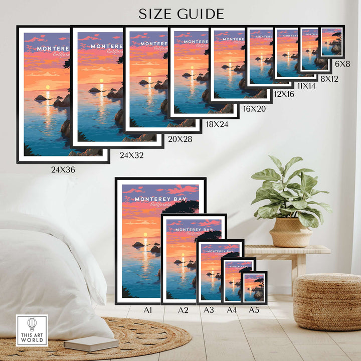 Size guide for Monterey Bay print in various dimensions, showcasing coastal wall art options for home decor.