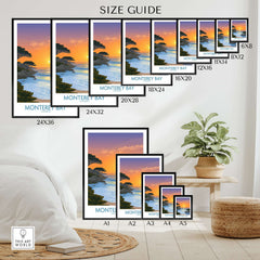 Monterey Bay California Poster - California Beach Print Size Guide showcasing various frame sizes and vibrant coastal artwork.