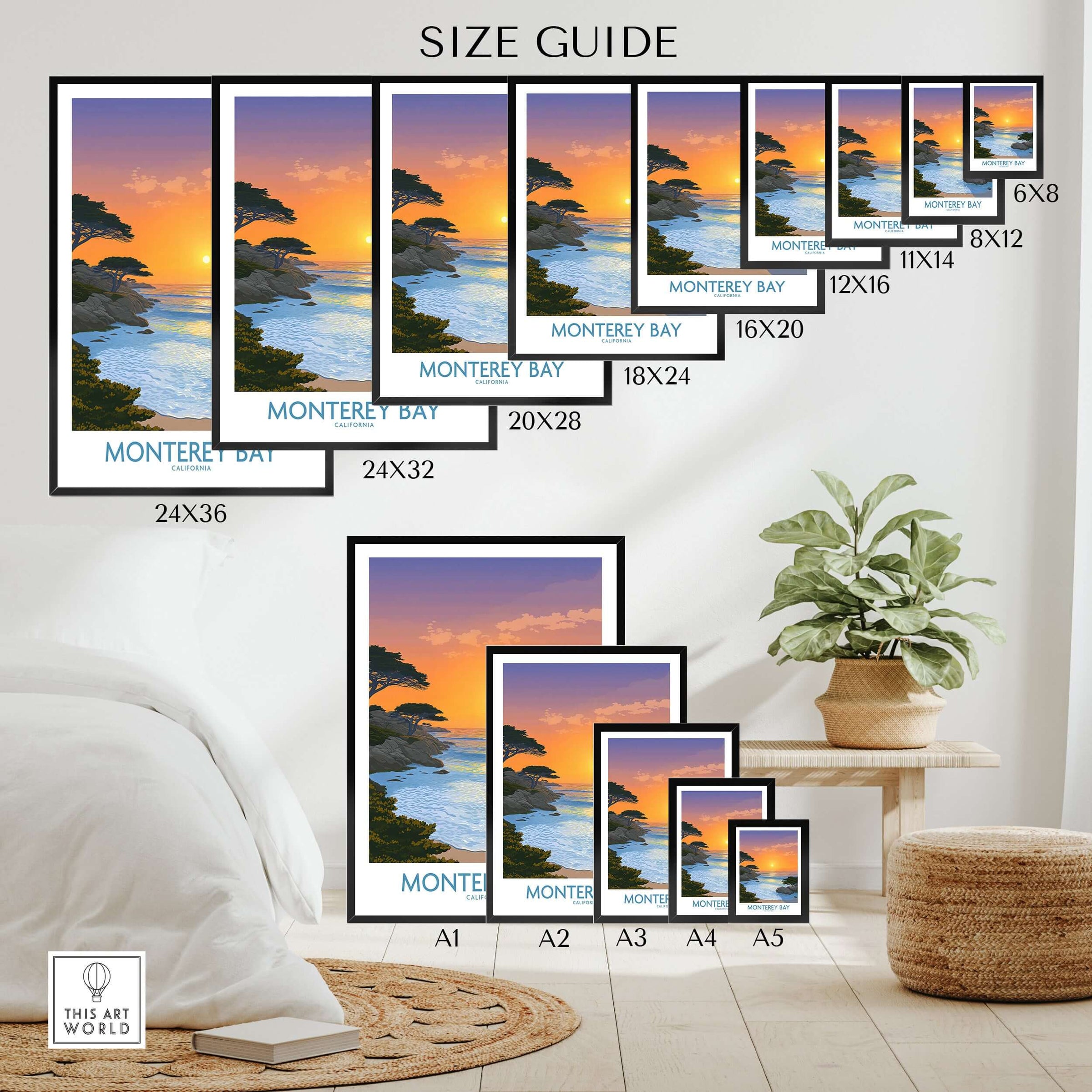 Monterey Bay California Poster - California Beach Print Size Guide showcasing various frame sizes and vibrant coastal artwork.