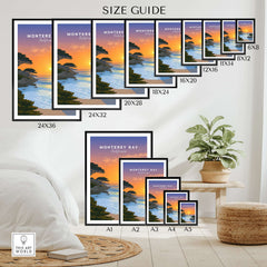 Monterey Bay California Print - Stunning Sunset Wall Art size guide showcasing various frame options for artwork.