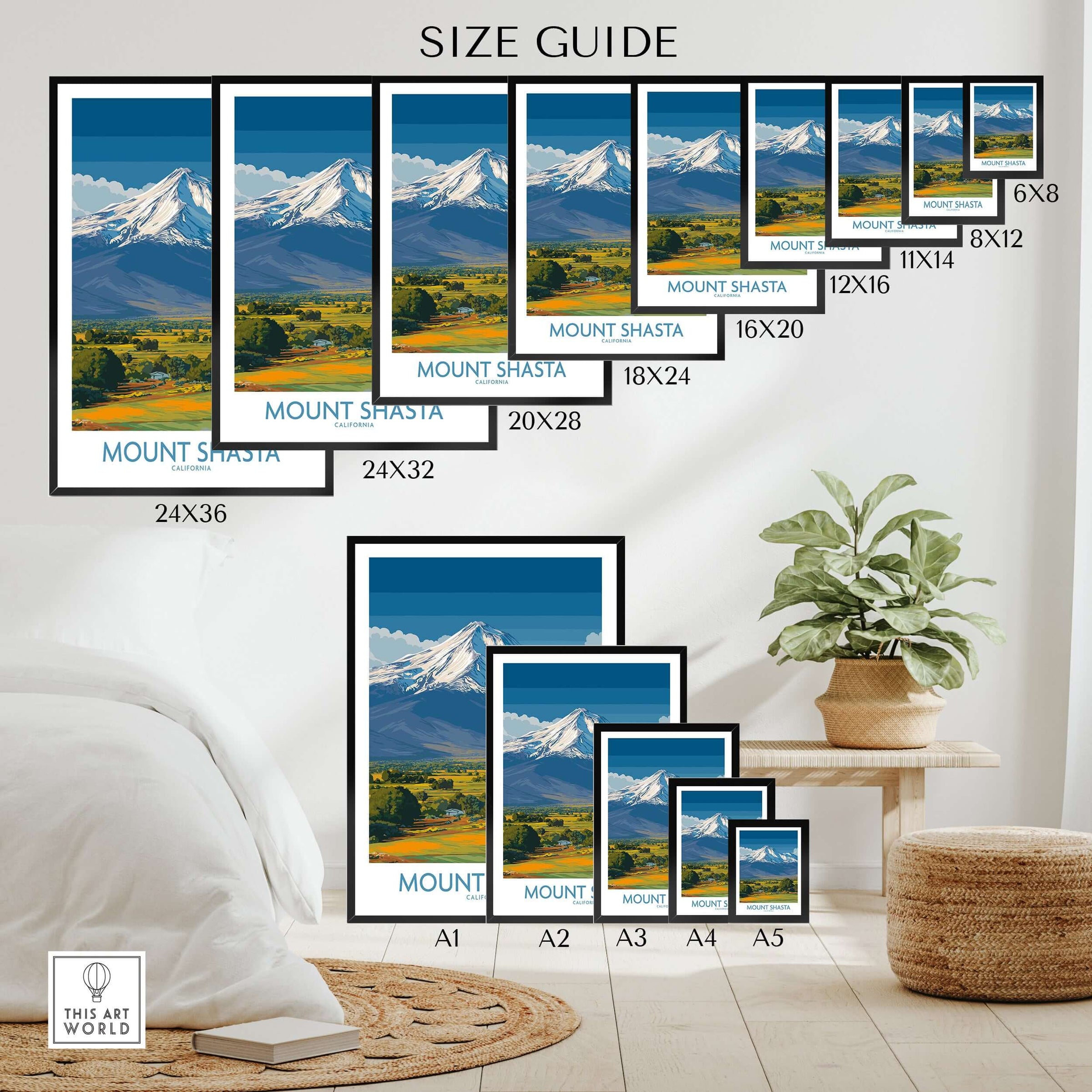 Mount Shasta California Poster size guide showcasing various dimensions and designs for wall decor.