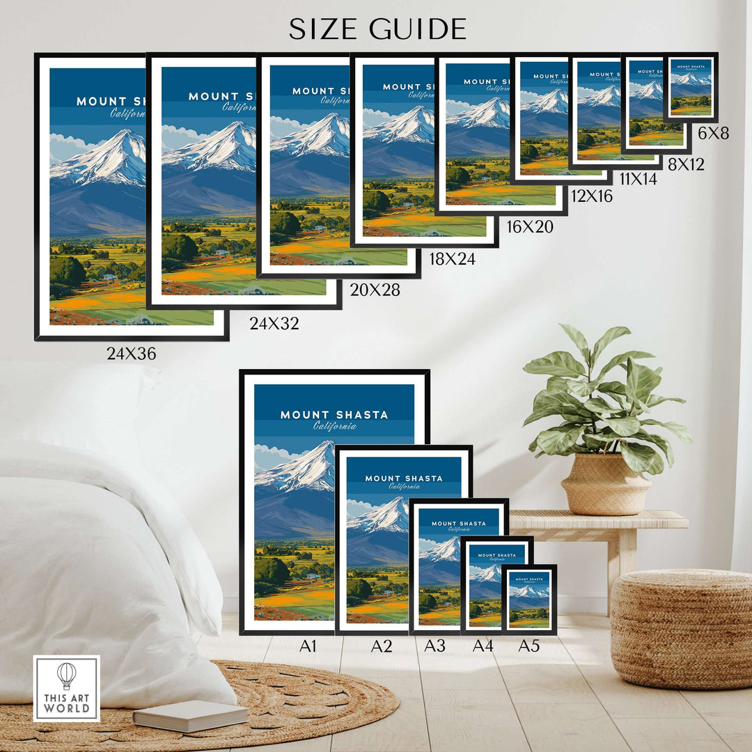Size guide for Mount Shasta California print frames showcasing various dimensions and wall display options.