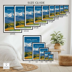Mount Shasta California Print - Northern California Wall Art size guide showcasing various frame options.