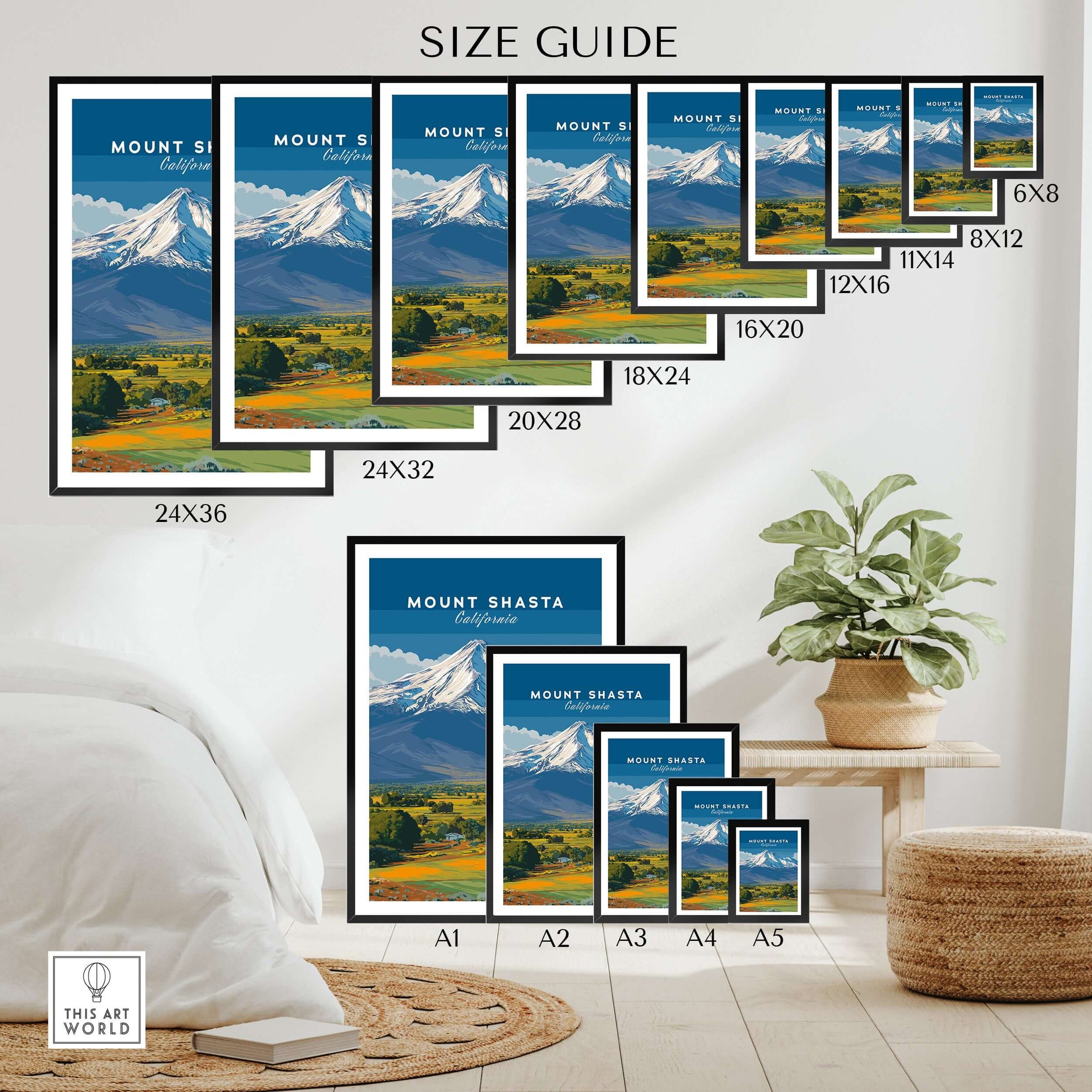 Mount Shasta California Print - Northern California Wall Art size guide showcasing various frame options.