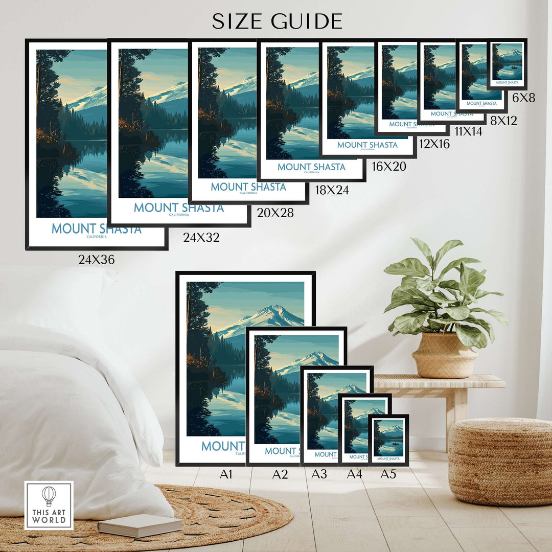 Size guide for Mount Shasta poster prints displayed in various frame sizes in a stylish interior setting.