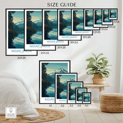 Mount Shasta Poster California - California Nature Print size guide featuring various dimensions for the poster.