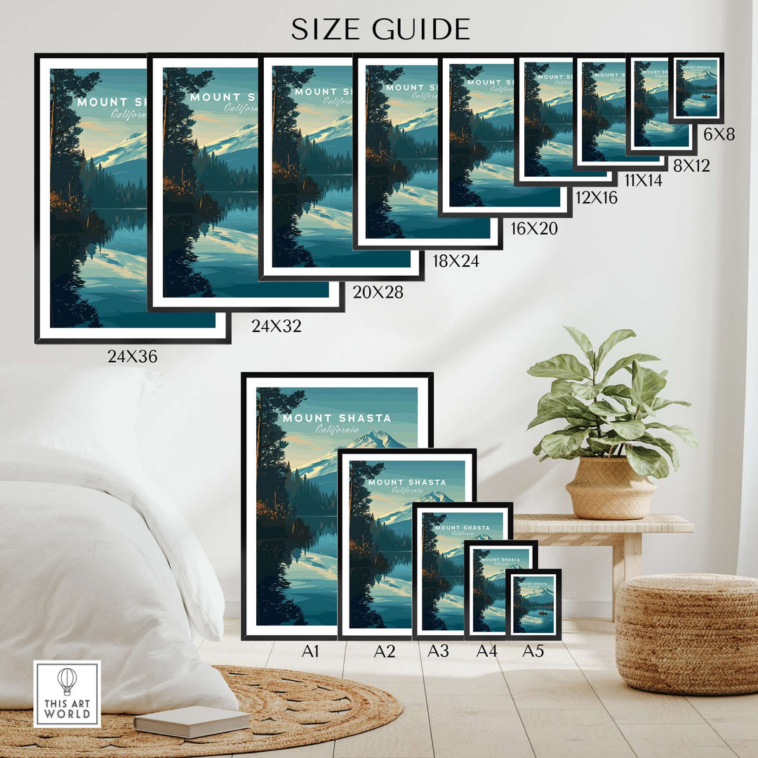 Size guide for Mount Shasta California print showcasing various dimensions for peaceful mountain wall art.