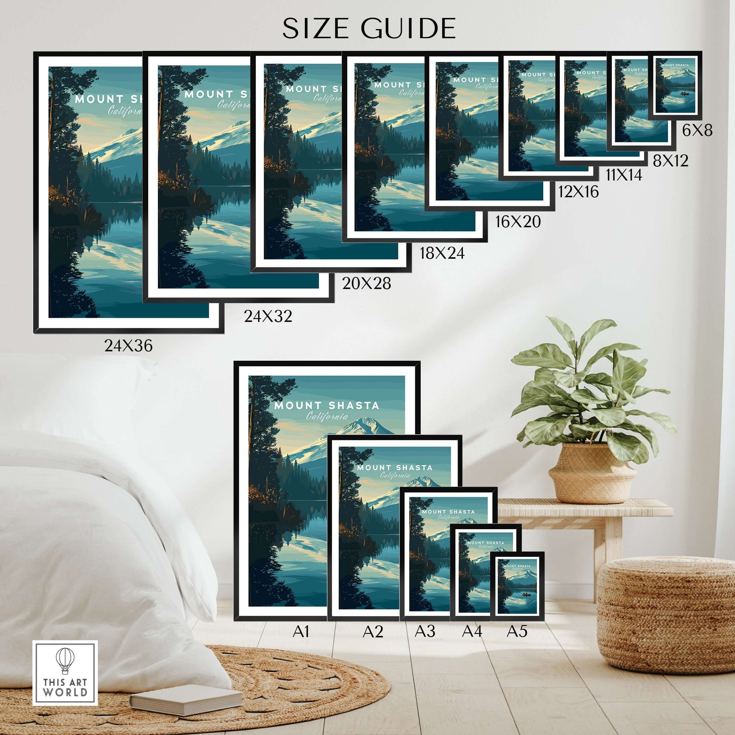 Mount Shasta California Print - Peaceful Mountain Wall Art size guide showcasing various frame dimensions.