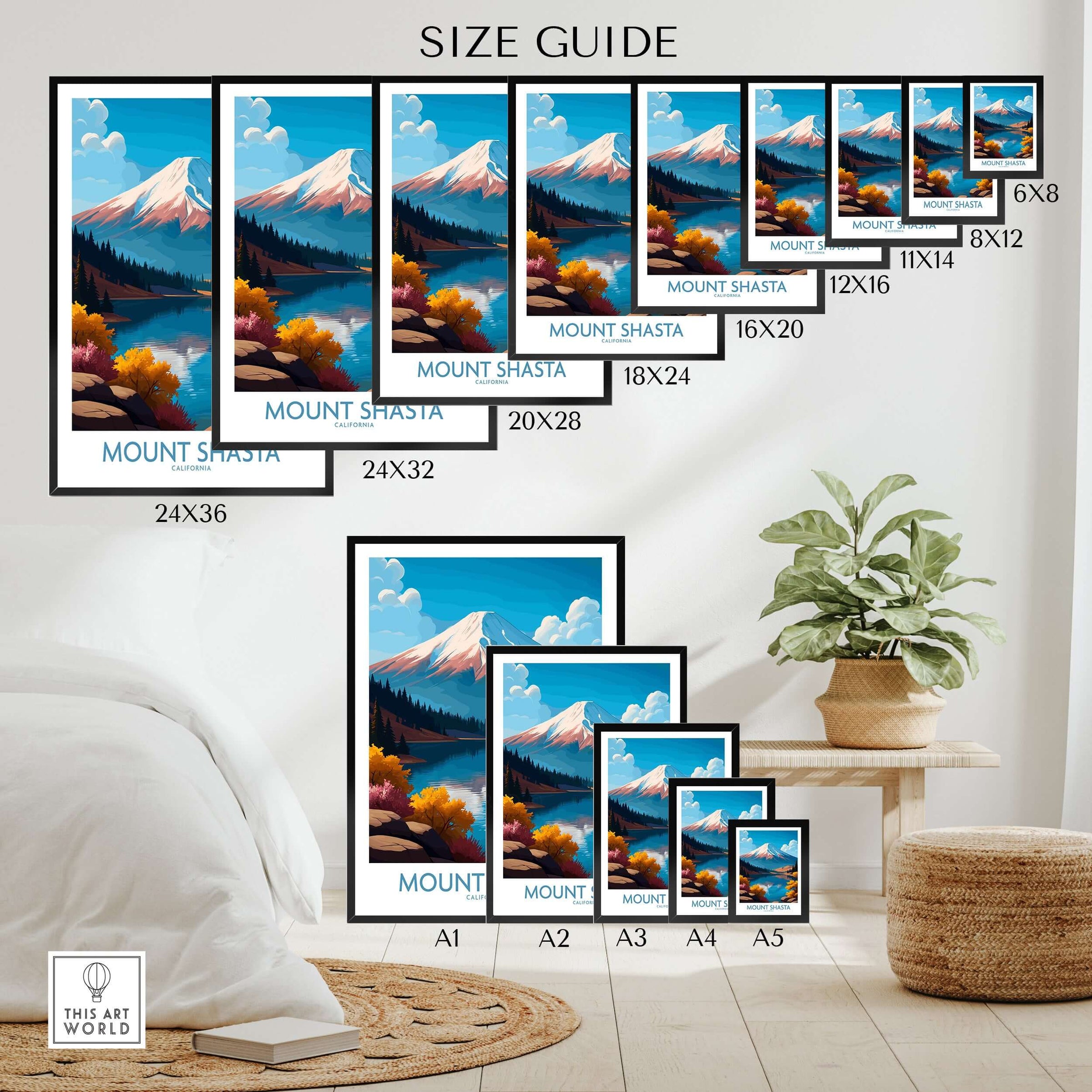 Mount Shasta California Wall Art - California Wilderness Art size guide with various frame options displayed.