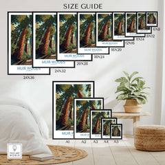 Muir Woods California National Monument Poster - California Nature Print size guide showing various poster dimensions.
