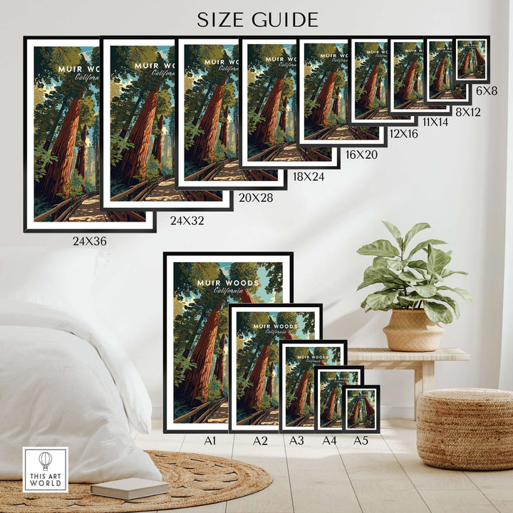 Size guide for Muir Woods California Redwood Forest Trail Print showcasing various frame sizes in a cozy home setting.